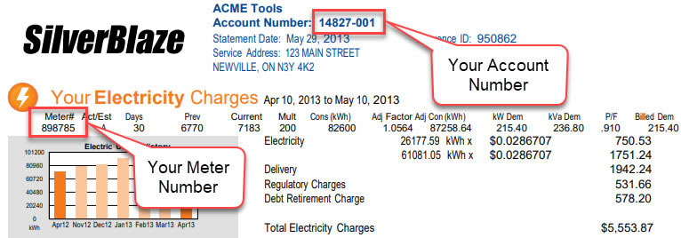 You can find your account number and meter number on your bill as shown.